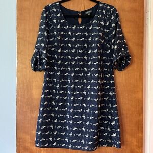 Lily Rose Navy Blue Dress Bird Pattern Roll Tab Sleeve Knee Length Lined Women M